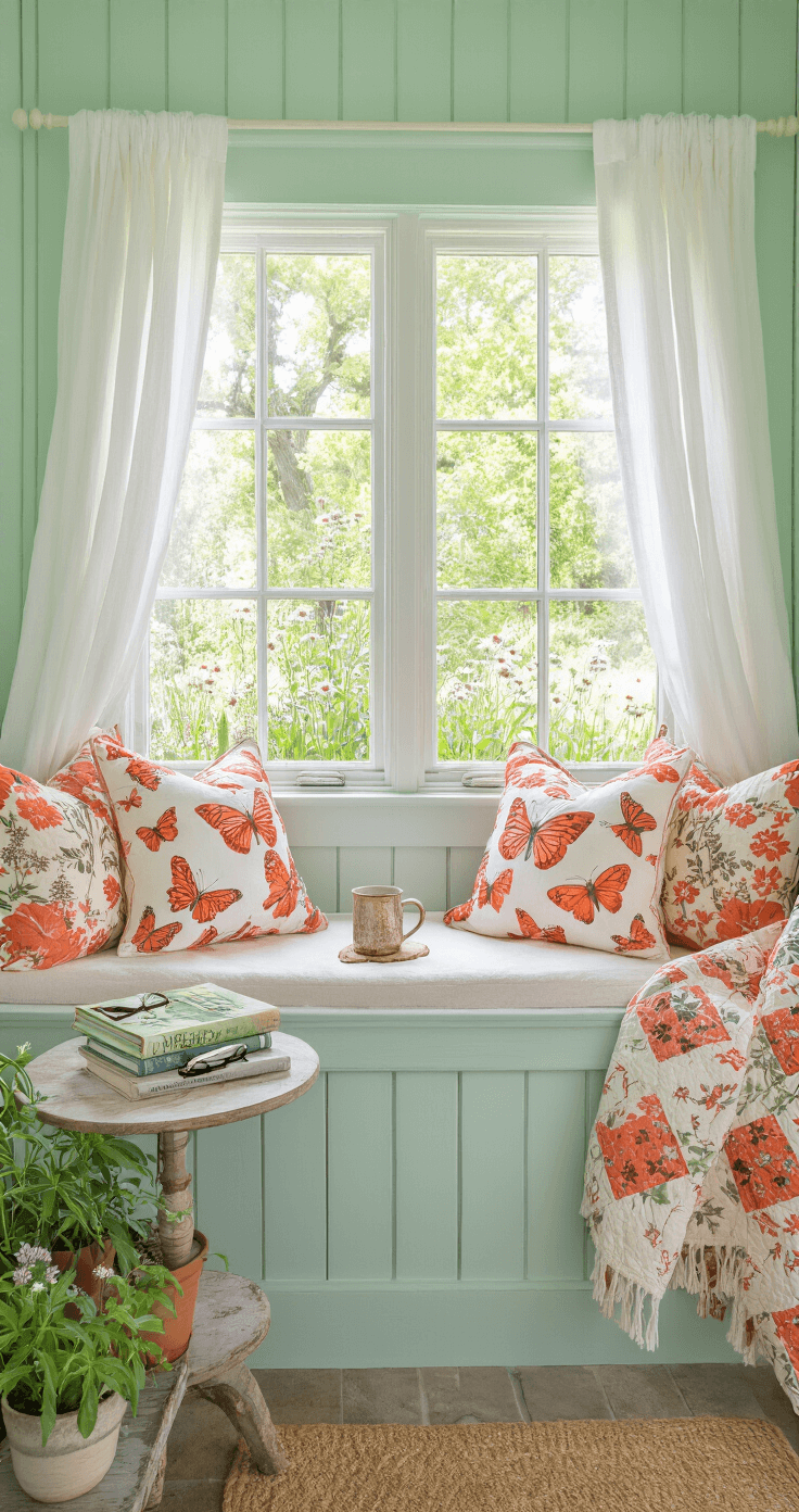 Cozy reading nook with built-in window seat adorned with butterfly-print cushions, surrounded by garden views, featuring field guides and butterfly lifecycle books on a small side table, gauzy curtains, soft mint green paneling, a vintage quilt, a ceramic mug, and potted native plants, all bathed in soft mid-morning light.