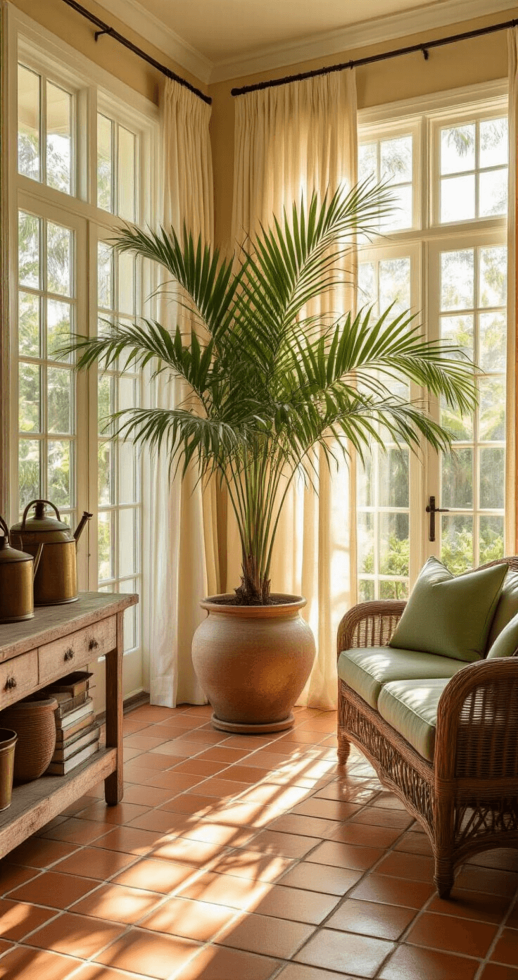 A spacious Florida sunroom bathed in warm golden hour light, featuring floor-to-ceiling windows, terracotta tile floors, a large sabal palm in a weathered planter, rustic wood console with gardening books and vintage brass watering cans, light-filtering natural linen curtains, wicker furniture with sage green cushions, and sandy beige walls.