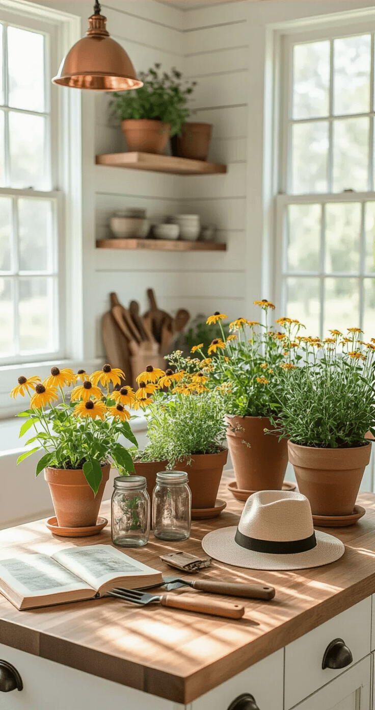 Intimate overhead view of a farmhouse kitchen island adorned with native Florida plants in terracotta and ceramic pots, featuring vibrant black-eyed susans, milkweed, and coral honeysuckle in mason jars, all bathed in morning sunlight. The butcher block surface showcases a rich wood grain, accompanied by vintage gardening tools, leather-bound plant guides, and a worn canvas sun hat, set against whitewashed shiplap walls and warm copper pendant lighting, reflecting a cozy, rustic indoor-outdoor Florida lifestyle.