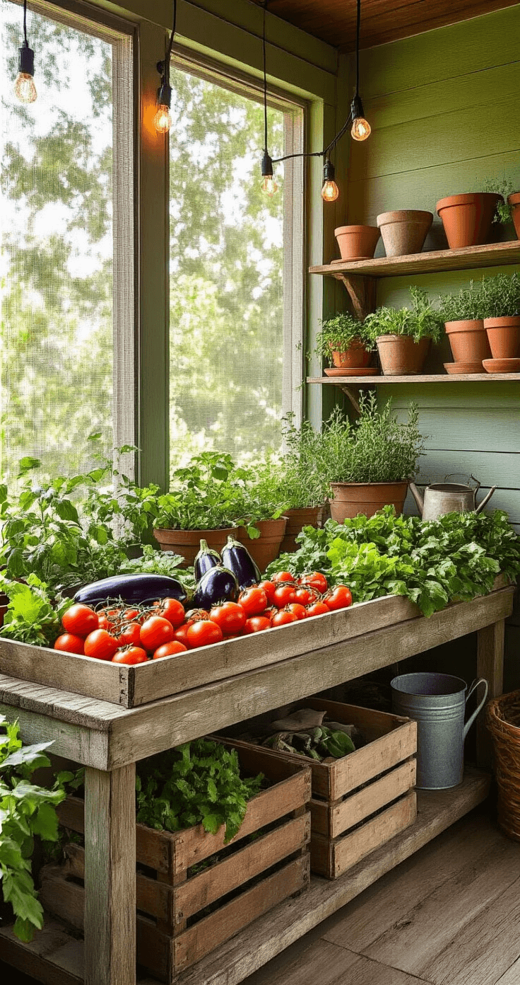 Atmospheric low-angle shot of a screened porch in Florida, showcasing a vintage potting bench filled with freshly harvested vegetables, surrounded by wooden crates of vibrant tomatoes and eggplant, with string lights illuminating the space and terra cotta pots of herbs lining the shelves.