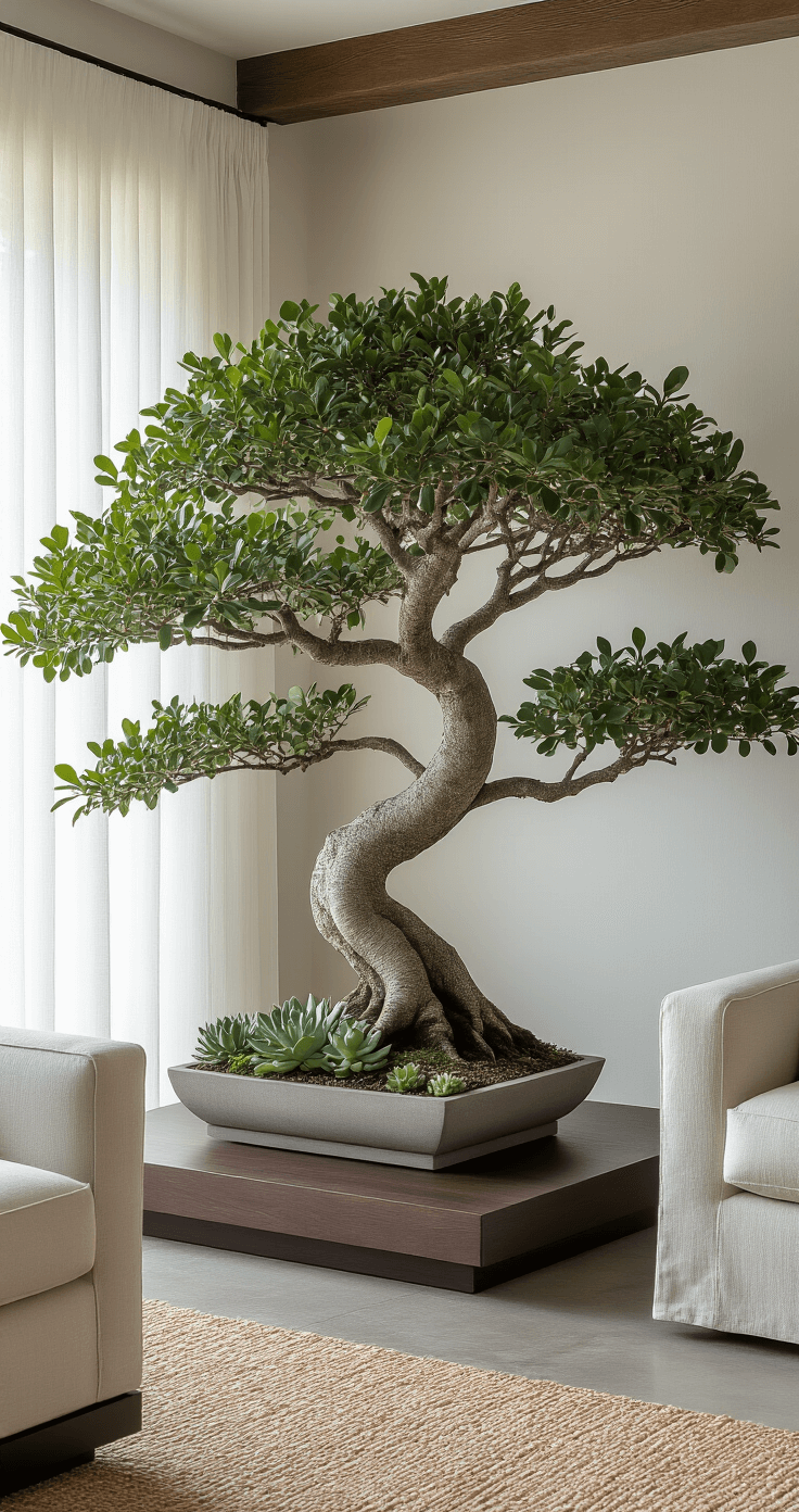 A chic Florida living room corner features a striking live oak bonsai under soft morning light, surrounded by succulents in modern planters, with neutral walls and natural textures.