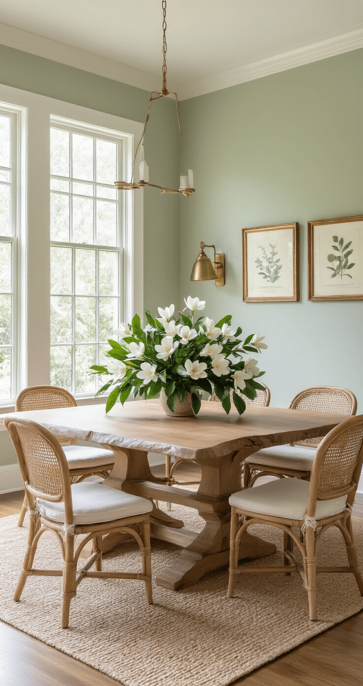 Elegant Florida dining room featuring a southern magnolia centerpiece on a live-edge table, illuminated by soft natural light. Rattan chairs with ivory cushions surround the table, complemented by a sisal rug. Sage green walls, brass lighting fixtures, and vintage botanical prints enhance the space's design.