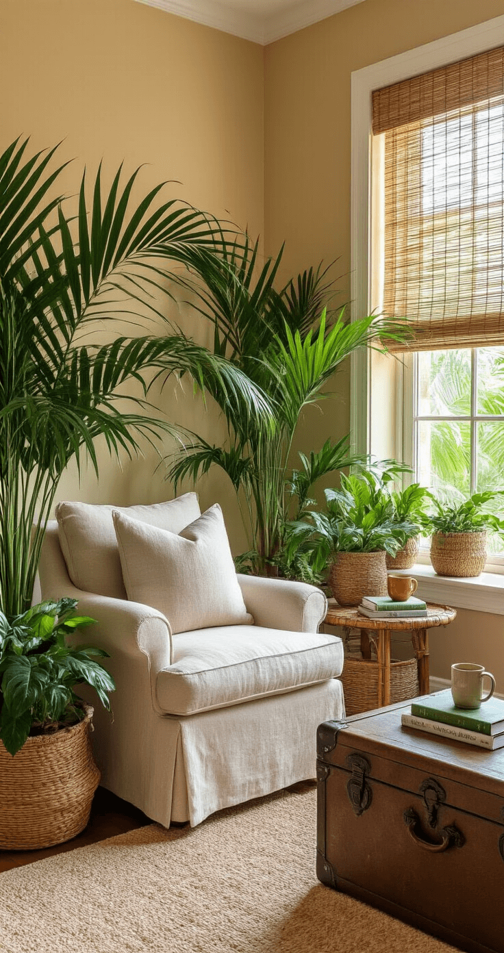 A cozy reading nook in a Florida bedroom corner, featuring a natural oat linen armchair, bamboo blinds, and a side table with gardening books and a ceramic mug, surrounded by lush tropical plants in woven baskets against warm sand-toned walls. A vintage trunk adds additional seating and storage.