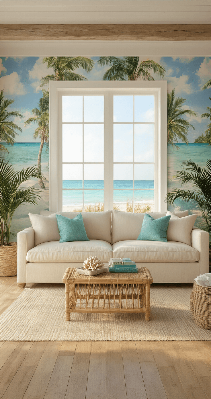 Florida Aesthetic Wallpaper: Transform Your Space with Sunshine State Vibes Photorealistic living room with cream linen sectional sofa, vibrant tropical beach wallpaper, golden hour lighting, natural hardwood floors, and potted areca palms, creating a coastal aesthetic.