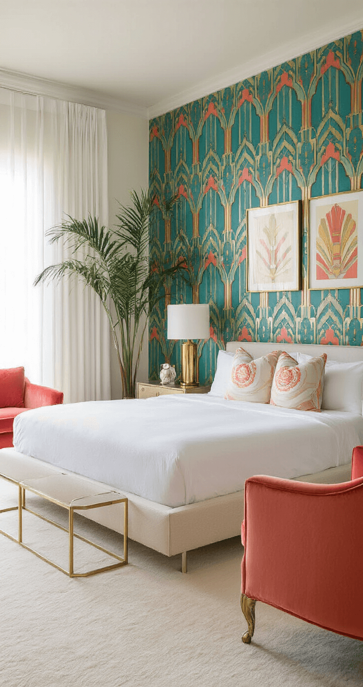 Florida Aesthetic Wallpaper: Transform Your Space with Sunshine State Vibes Sophisticated bedroom in a 10x12 foot master suite featuring Miami Art Deco wallpaper with bold geometric patterns in coral, teal, and gold. Early morning light filters through sheer white curtains, illuminating a king-sized platform bed with white linens, polished brass nightstands with sculptural lamps, and a vintage coral velvet accent chair. The plush cream carpet complements the decor, while abstract gold-framed art and palm fronds in a brass planter enhance the luxurious ambiance.