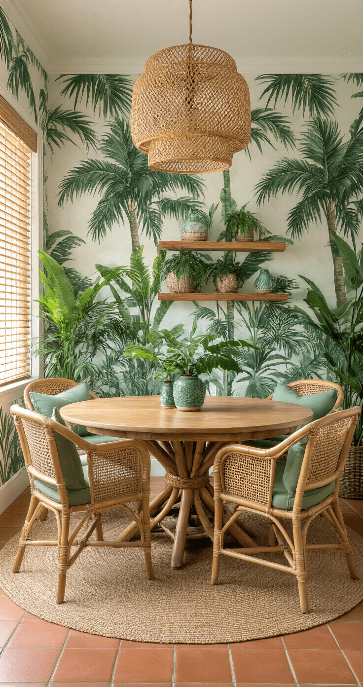 Florida Aesthetic Wallpaper: Transform Your Space with Sunshine State Vibes A tropical dining room with palm tree wallpaper, bamboo blinds, a round teak table for six, rattan chairs with sage green cushions, live-edge floating shelves with tropical plants, woven pendant light, terra cotta tile flooring, and brass accents, all bathed in warm mid-afternoon light.