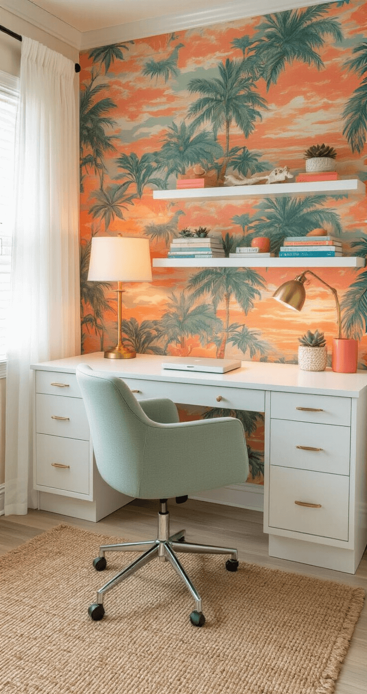 Florida Aesthetic Wallpaper: Transform Your Space with Sunshine State Vibes Cozy home office featuring vintage Florida sunset wallpaper in warm oranges and deep teals, with a white lacquer desk, ergonomic sage chair, built-in shelves, and coastal decor, illuminated by soft afternoon light.