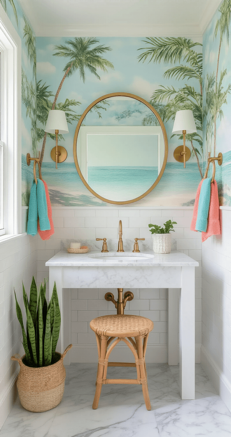 Florida Aesthetic Wallpaper: Transform Your Space with Sunshine State Vibes A serene powder room featuring tropical beach wallpaper, a white marble vanity with brass fixtures, coral and turquoise towels, and polished gray marble flooring, all illuminated by soft morning light.