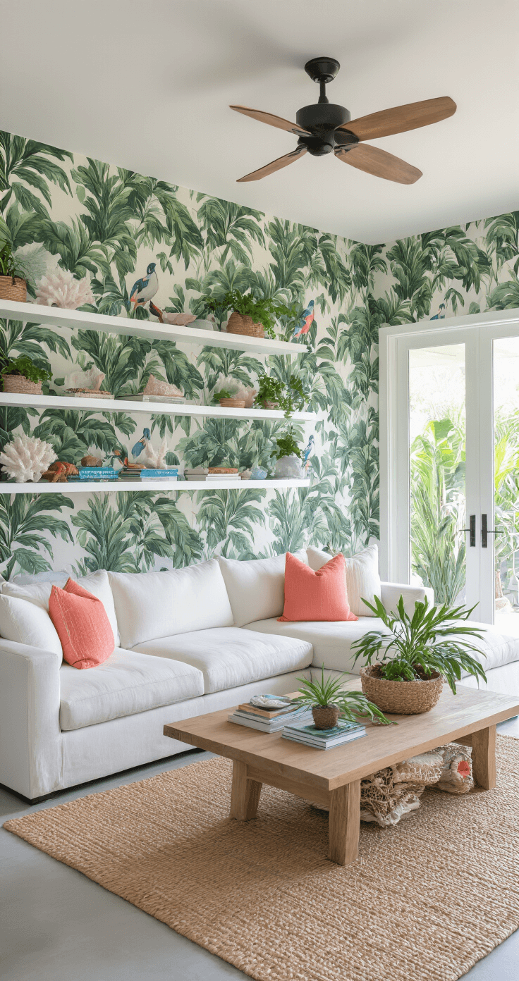 Florida Aesthetic Wallpaper: Transform Your Space with Sunshine State Vibes Spacious open concept living area with removable tropical wallpaper, white floating shelves displaying coastal decor, light gray sectional sofa with colorful pillows, natural wood coffee table, and polished concrete floors, all bathed in bright midday light.