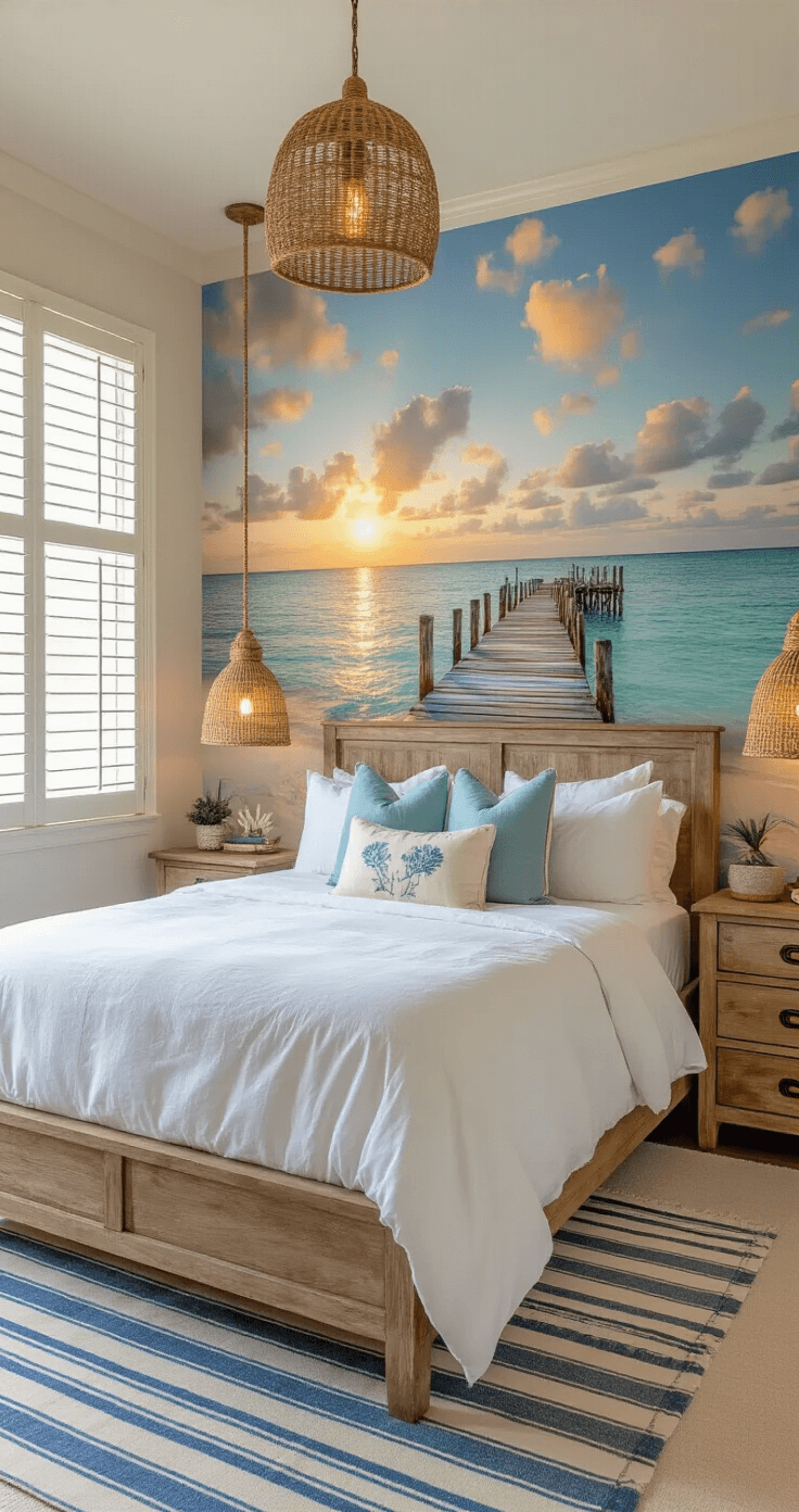 Florida Aesthetic Wallpaper: Transform Your Space with Sunshine State Vibes Master bedroom showcasing a photorealistic Florida beach scene wallpaper with golden hour light, featuring a king bed with white linen bedding, coastal-themed pillows, natural rope pendant lights, weathered wood nightstands, and vintage Florida travel posters, all creating a nostalgic coastal sanctuary.