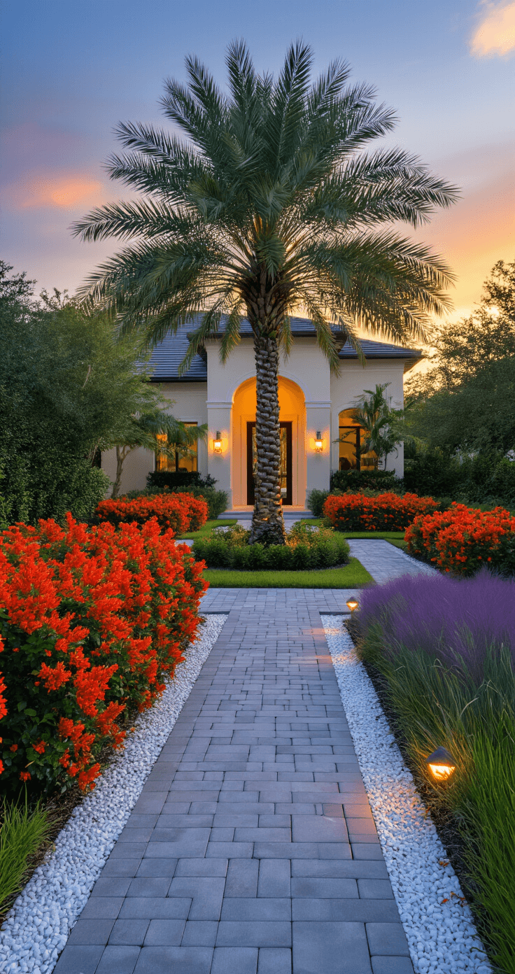 Florida Front Yard Landscaping: Your Ultimate Guide to Stunning, Low-Maintenance Curb Appeal Photorealistic image of a Florida front yard at golden hour featuring a majestic Sabal Palm, vibrant Firebush shrubs with red-orange blooms, a modern warm gray paver pathway, ornamental Muhly grass with purple plumes, white gravel borders, and glowing warm LED pathway lighting, captured with a wide-angle lens from street level.
