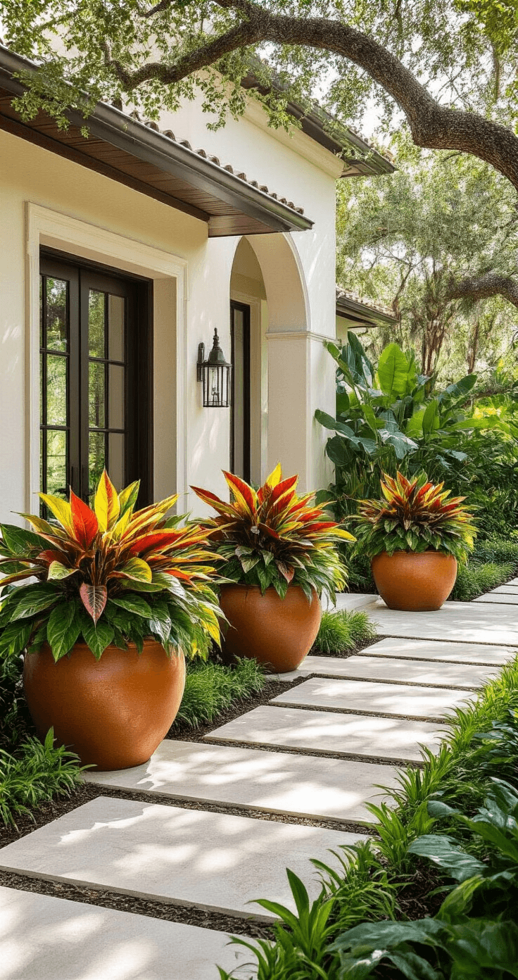 Florida Front Yard Landscaping: Your Ultimate Guide to Stunning, Low-Maintenance Curb Appeal Interior view of a contemporary Florida home's entrance showcasing plant layering with large terra cotta planters filled with vibrant Croton plants, clean limestone edges around native Coontie groundcover, and textured concrete pavers, all under dappled sunlight from overhead Live Oak branches.