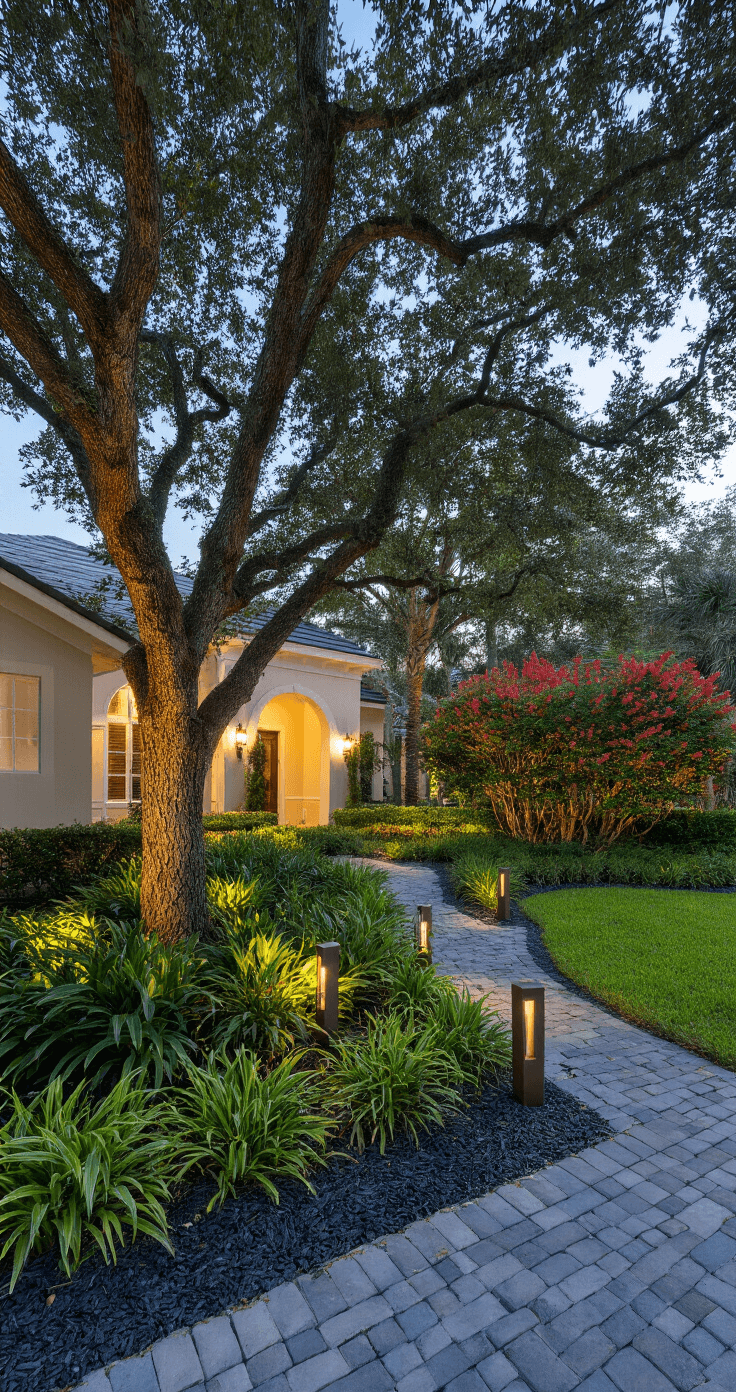 Florida Front Yard Landscaping: Your Ultimate Guide to Stunning, Low-Maintenance Curb Appeal A beautifully landscaped Florida front yard at blue hour, featuring integrated drip irrigation, architectural lighting on a mature Live Oak and Firebush shrubs, charcoal gray river rock mulch, and illuminated bronze modern landscape fixtures along a paver pathway, captured from a 45-degree angle.