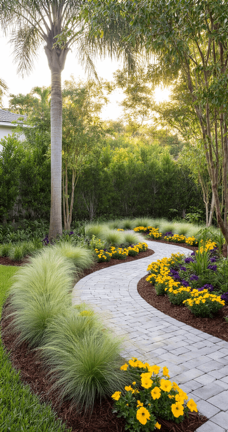 Florida Front Yard Landscaping: Your Ultimate Guide to Stunning, Low-Maintenance Curb Appeal Professional landscape renovation in a Florida front yard, featuring young native plants, repetitive groupings of Muhly grass, a curved walkway of concrete pavers, seasonal yellow and purple flowers in decorative planters, and natural wood mulch, captured from a second-story angle highlighting the design's thoughtful spacing and balance.