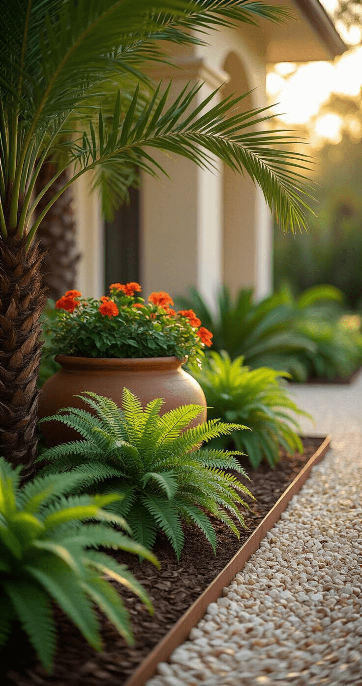 Florida Front Yard Landscaping: Your Ultimate Guide to Stunning, Low-Maintenance Curb Appeal Close-up of a Florida front yard featuring native Coontie ferns and Sabal Palm fronds, with warm beige decorative aggregate and dark bronze edging. Rustic terracotta pottery holds seasonal plants, captured with a macro lens to highlight textures and colors in soft morning sunlight.