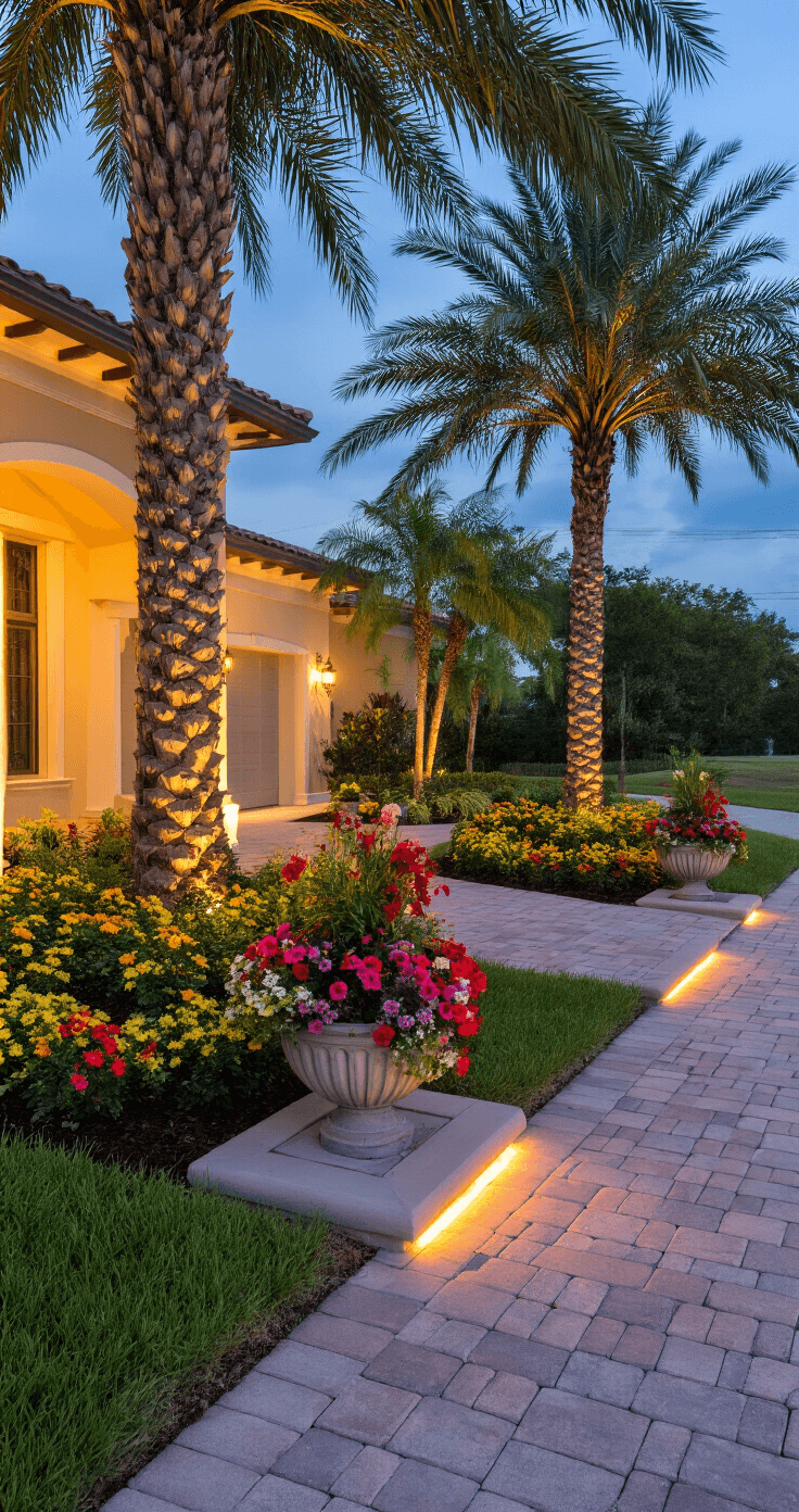 Florida Front Yard Landscaping: Your Ultimate Guide to Stunning, Low-Maintenance Curb Appeal Evening exterior shot of a transformed Florida front yard featuring mature Sabal Palms, colorful annual flowers in decorative urns, warm LED strip lighting along paver edges, and contemporary decorative planters, all highlighted in twilight for maximum curb appeal.
