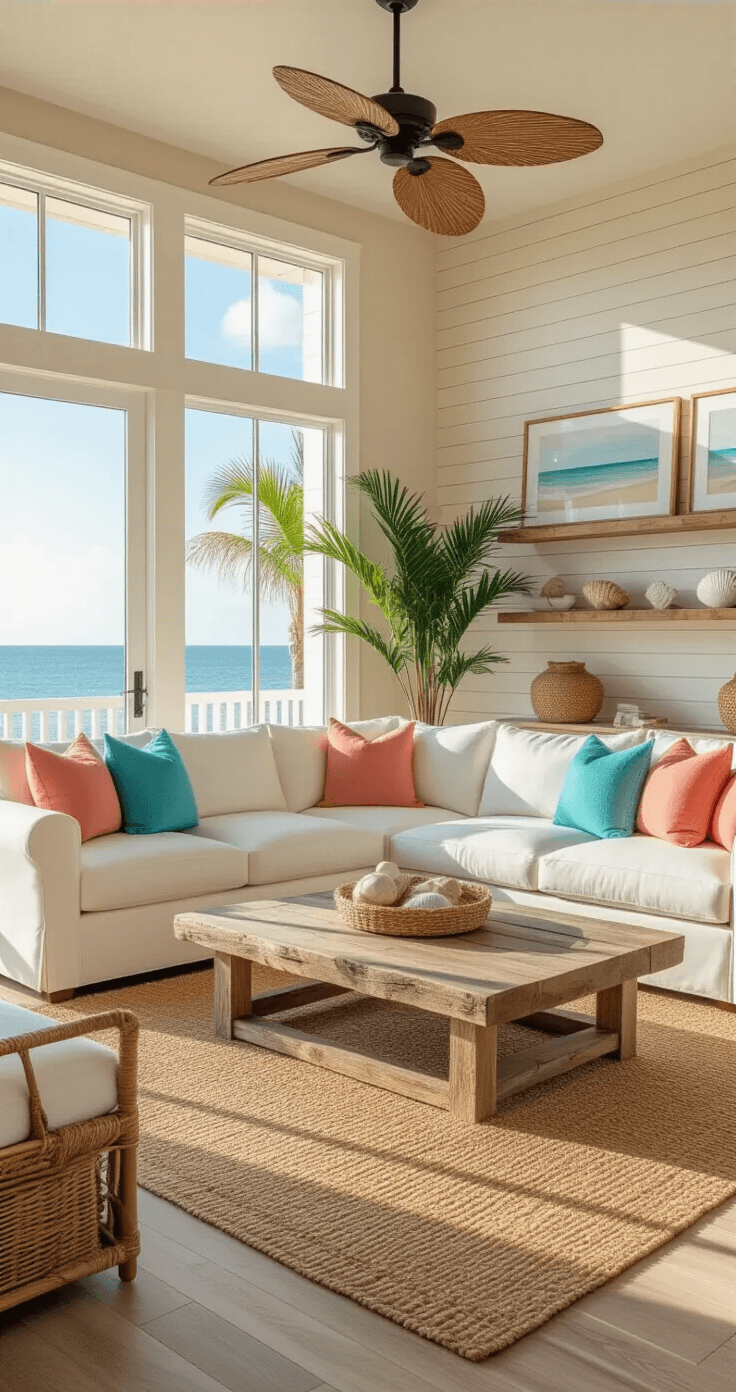 Living in Florida: A Comprehensive Guide to Sunshine State Life Photorealistic modern coastal living room in Florida with large windows, white sectional sofa, driftwood coffee table, jute rug, and coastal decor, bathed in golden afternoon light.
