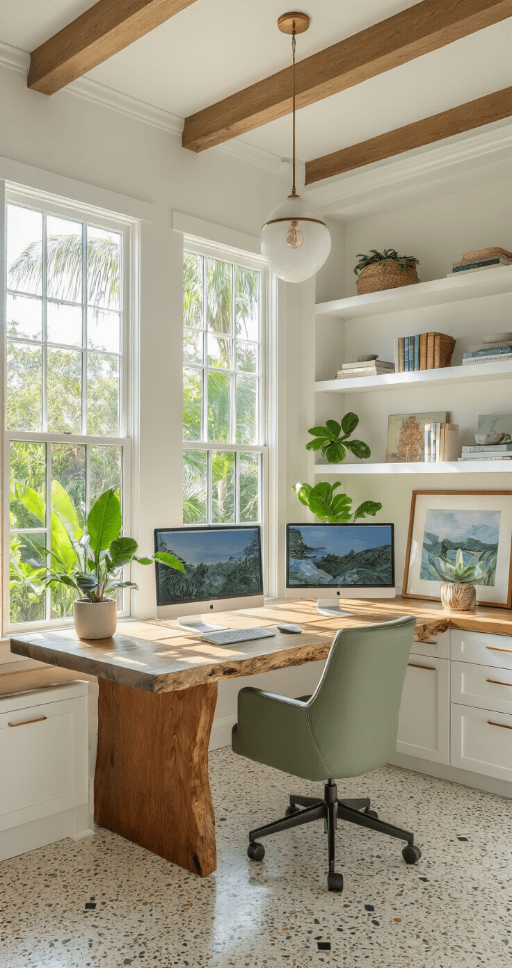 Living in Florida: A Comprehensive Guide to Sunshine State Life Elegant Florida home office with live-edge wood desk, large windows, dual monitors, and tropical decor, photographed in warm morning light.