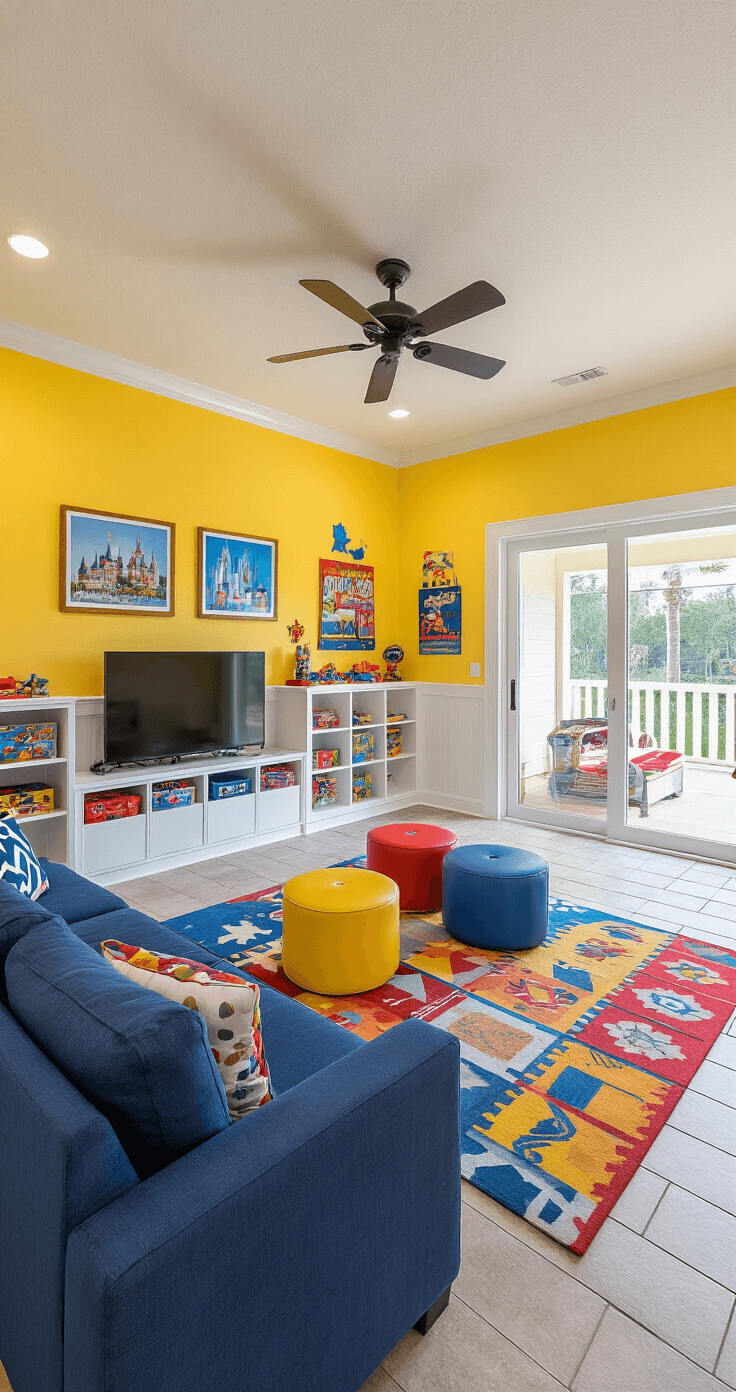 Living in Florida: A Comprehensive Guide to Sunshine State Life Family-friendly Orlando-themed living space featuring a navy sectional sofa, colorful geometric rug, and cheerful yellow walls, designed for adventure-seeking families with built-in storage, kids' artwork, and access to a covered patio.