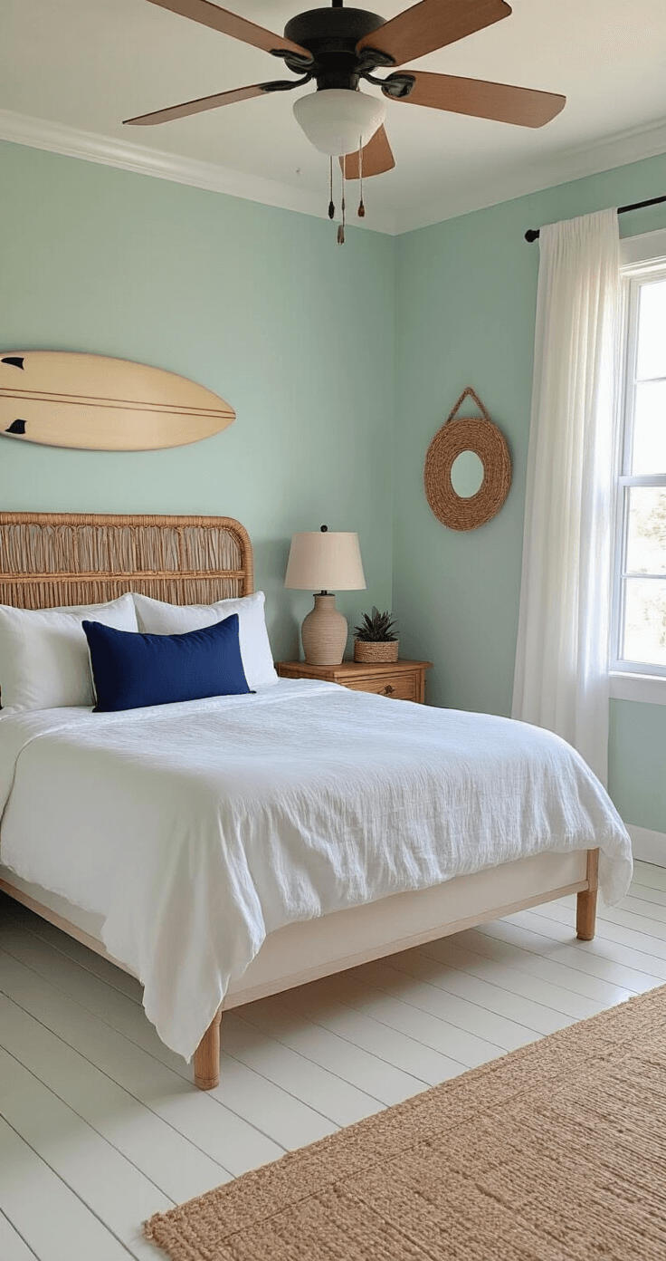 Living in Florida: A Comprehensive Guide to Sunshine State Life Cozy budget-friendly beach house bedroom in Pensacola with soft morning light, featuring a platform bed with white bedding, vintage rattan nightstands, seafoam green walls, and thrift store decor, creating an inviting coastal atmosphere.