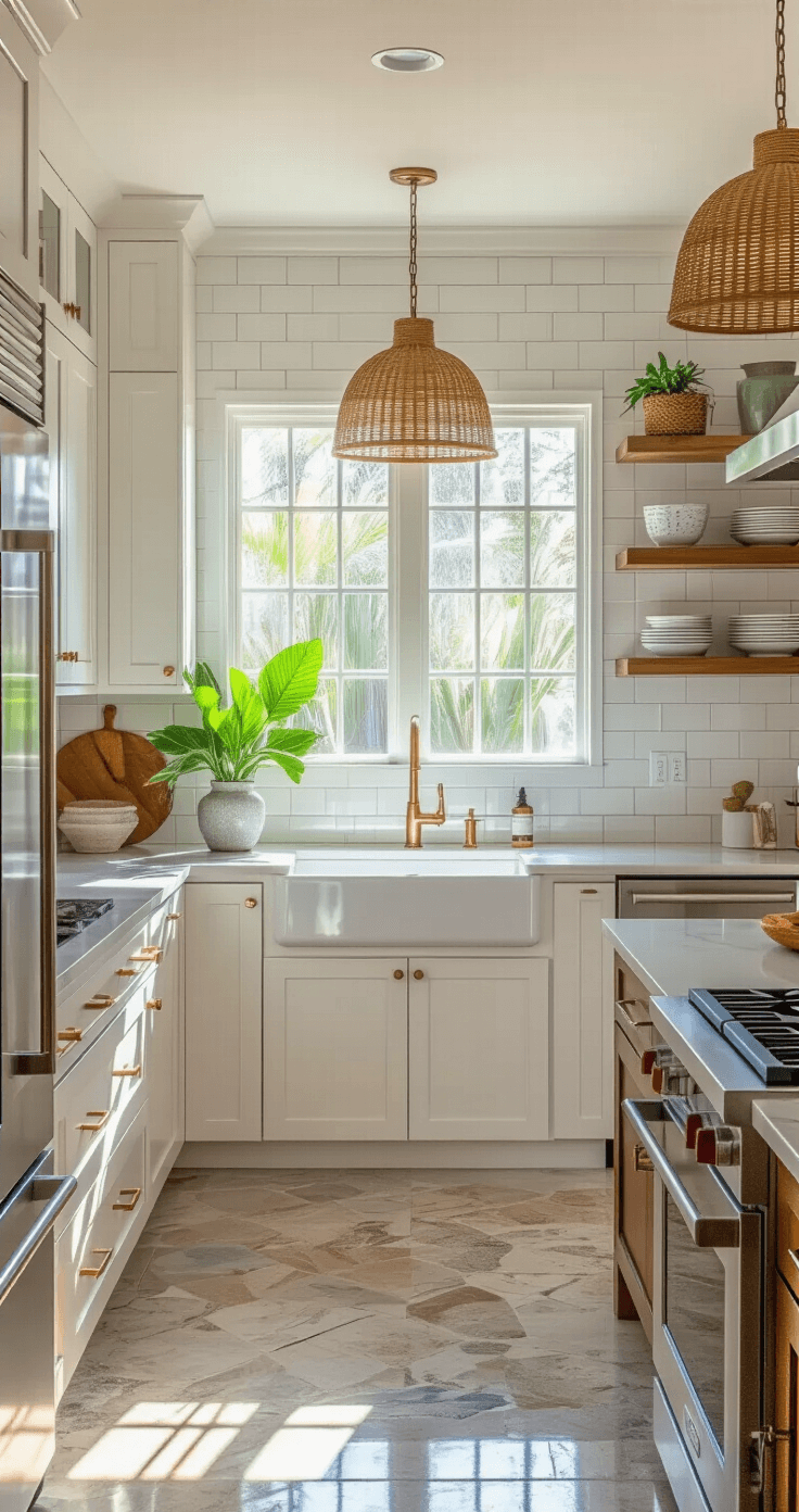 Living in Florida: A Comprehensive Guide to Sunshine State Life Galley kitchen in Tampa featuring white shaker cabinets, brushed brass hardware, and warm gray quartz countertops, with rattan pendant lights, stainless steel appliances, and colorful open shelving, all bathed in warm afternoon light, creating a welcoming atmosphere perfect for entertaining.