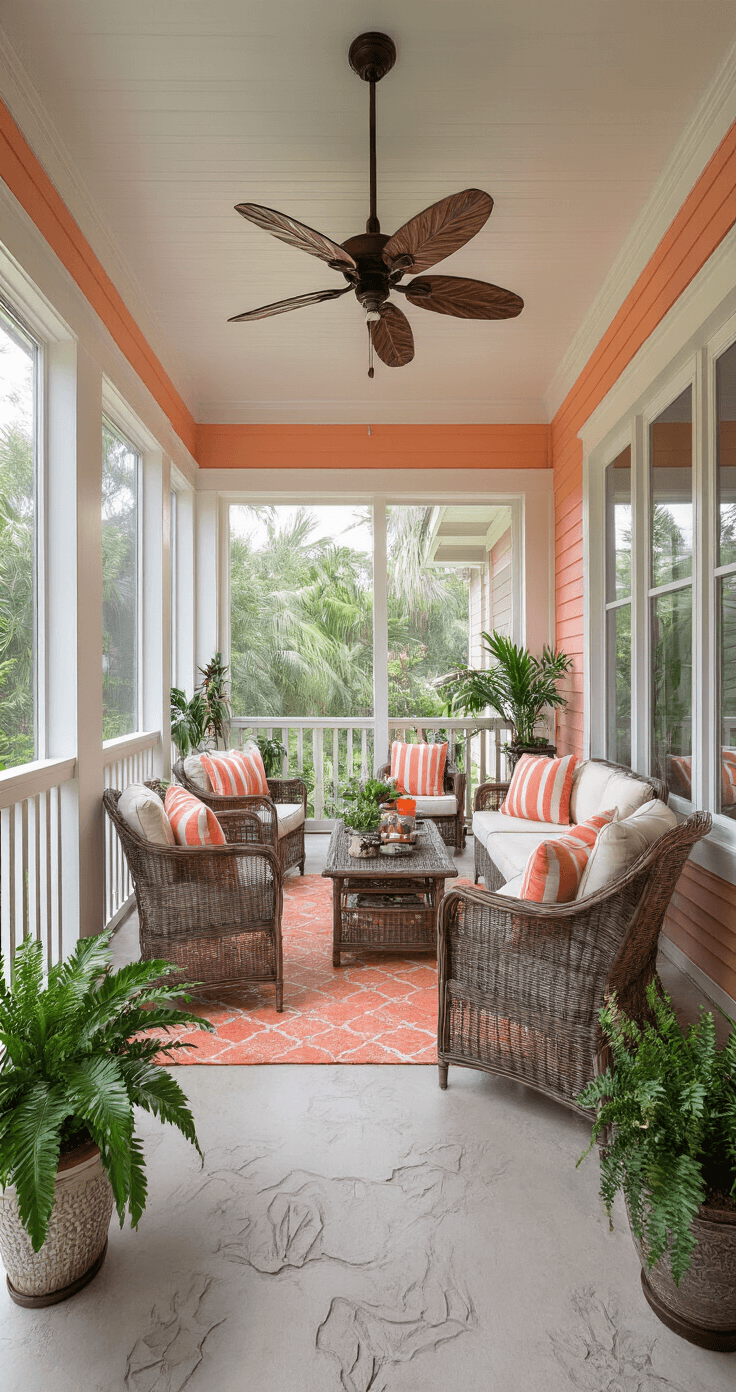 Living in Florida: A Comprehensive Guide to Sunshine State Life Hurricane-ready Florida sunroom at dusk, featuring impact-resistant windows, weather-resistant coral and white striped furniture, decorative storage bins for emergency supplies, tropical plants, storm shutters, and cheerful peach walls, all under moody lighting.