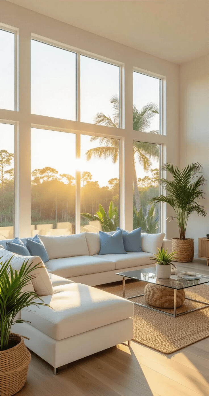 Moving to Florida: A Comprehensive Guide to Costs, Lifestyle, and Relocation Essentials Photorealistic modern living room with floor-to-ceiling windows, showcasing golden hour sunlight, featuring a white sectional sofa, coastal blue accent pillows, light oak hardwood floors, and tropical plants in woven baskets.