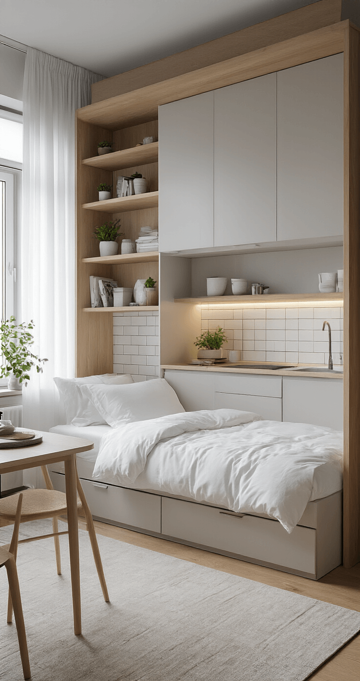 Moving to Florida: A Comprehensive Guide to Costs, Lifestyle, and Relocation Essentials Elegant studio apartment interior showcasing efficient use of 500 sqft space with multi-functional furniture, featuring a Murphy bed, compact dining table, and modern kitchenette, all bathed in natural light from large windows with sheer curtains, complemented by a neutral color palette and minimalist decor.