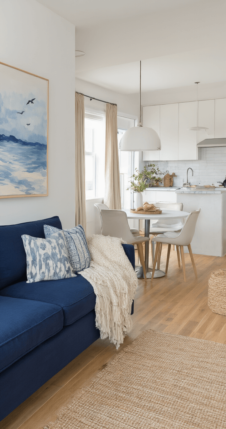 Moving to Florida: A Comprehensive Guide to Costs, Lifestyle, and Relocation Essentials Cozy one-bedroom apartment with open living area featuring a navy blue sofa, white walls, bamboo flooring, and coastal artwork; compact dining space with round table and modern pendant lighting; kitchen with white cabinets and marble countertops, highlighted by warm morning light and soft cream and blue textures.