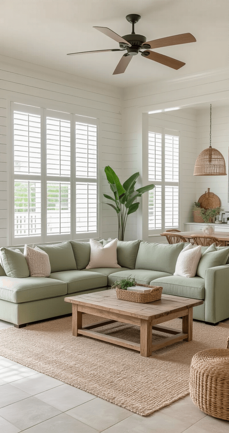 Moving to Florida: A Comprehensive Guide to Costs, Lifestyle, and Relocation Essentials Spacious two-bedroom apartment living room with sage green sectional sofa, reclaimed wood coffee table, and neutral area rug, featuring white shiplap accent wall and coastal decor, illuminated by soft afternoon sunlight through plantation shutters.