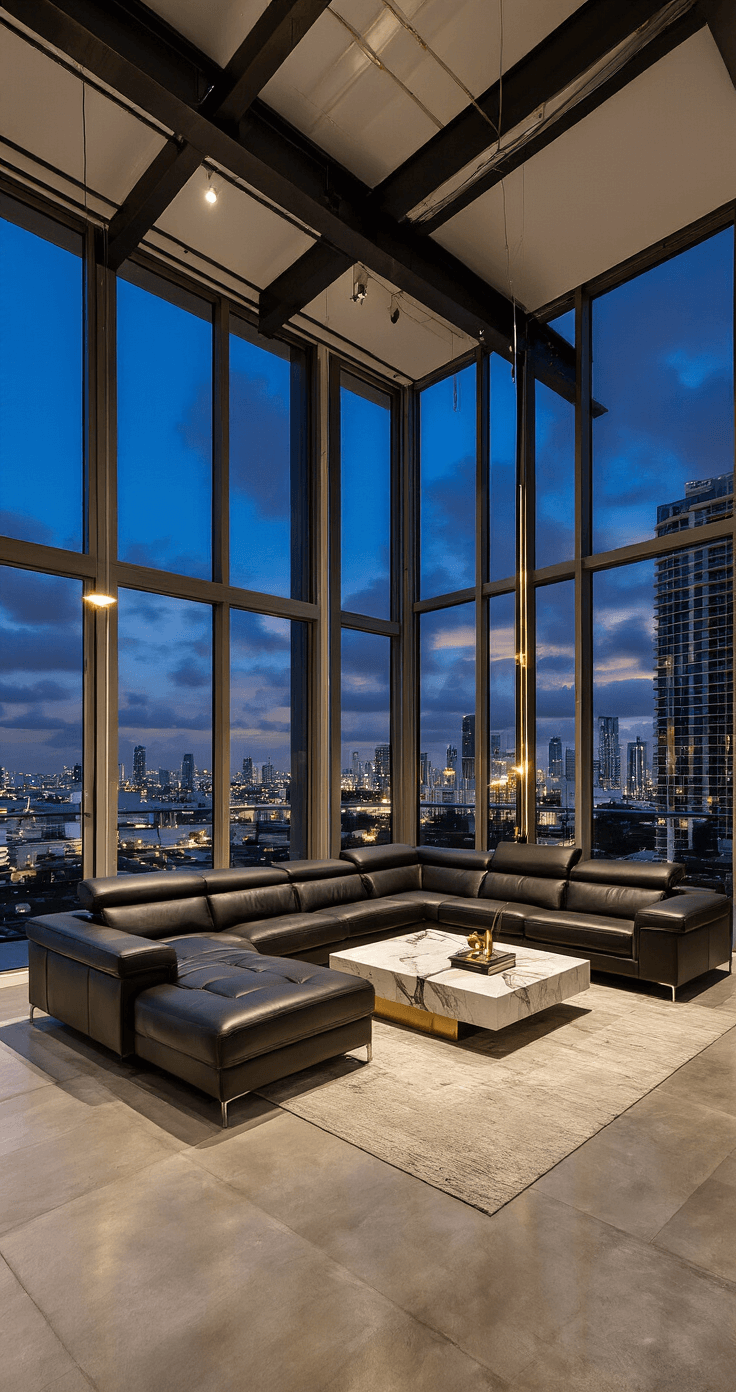 Moving to Florida: A Comprehensive Guide to Costs, Lifestyle, and Relocation Essentials Luxurious Miami-style urban living room with floor-to-ceiling windows showcasing evening city lights, featuring a sleek leather sectional, marble coffee table, and polished concrete floors. Decorated with modern art, metallic accents, and a color palette of charcoal, white, and gold, highlighting high-end finishes like exposed steel beams and designer lighting, all captured from a low angle to emphasize height and sophistication with skyline views.