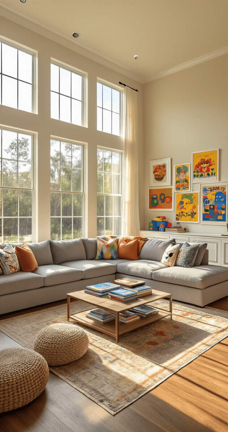 Moving to Florida: A Comprehensive Guide to Costs, Lifestyle, and Relocation Essentials A warm and inviting living room in a family-friendly Orlando home, featuring a comfortable gray sectional, hardwood floors, colorful children's artwork, a coffee table with books, cozy throw pillows, and a built-in entertainment center, all illuminated by golden afternoon light filtering through large windows.