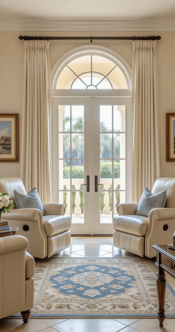 Moving to Florida: A Comprehensive Guide to Costs, Lifestyle, and Relocation Essentials A serene retirement-style living room in Naples, featuring cream leather recliners, traditional wood furniture, tile floors with area rugs, and elegant window treatments, all bathed in soft morning light from French doors leading to a lanai, creating a peaceful and sophisticated atmosphere.