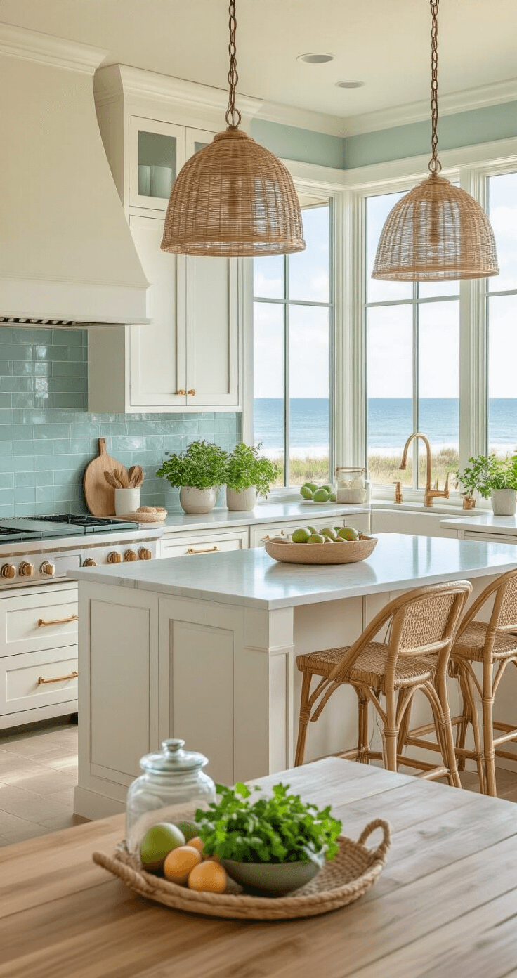 Bringing Florida's Sun-Soaked Style into Your Kitchen: A Coastal Design Guide Photorealistic Florida kitchen interior bathed in mid-morning golden light, featuring white shaker cabinets with brass hardware, quartz countertops, and ceramic subway tiles in seafoam green, complemented by rattan bar stools and woven pendant lights, creating a bright and airy coastal atmosphere.