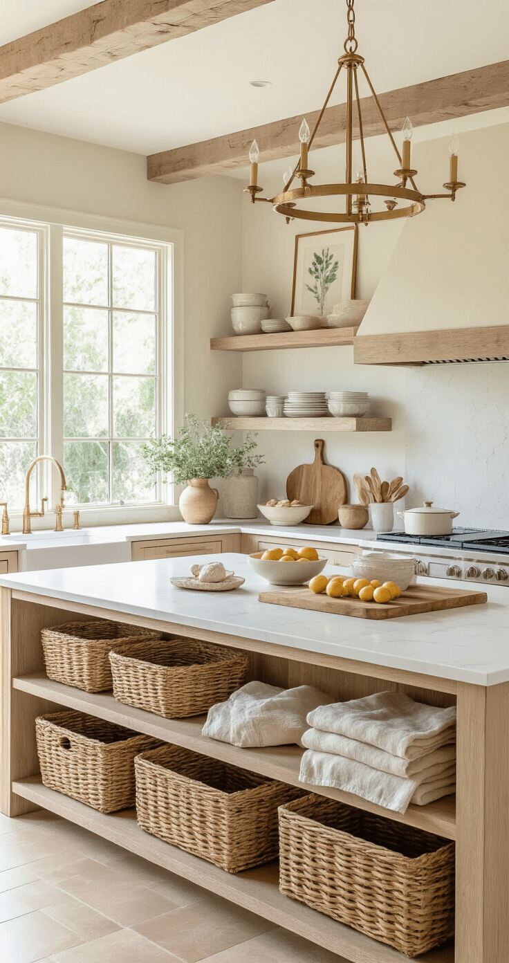 Bringing Florida's Sun-Soaked Style into Your Kitchen: A Coastal Design Guide Bright Florida kitchen filled with afternoon light, featuring light wood surfaces, smooth quartz counters, and rustic wooden cutting boards. Linen towels in cream, rattan baskets on open shelves, and a brass chandelier above the island enhance the warm atmosphere. Large windows invite sunlight, complemented by botanical wall prints, pastel dishes, seashell accents, and bowls of citrus fruits, creating a cozy, inviting space with mixed material styling.