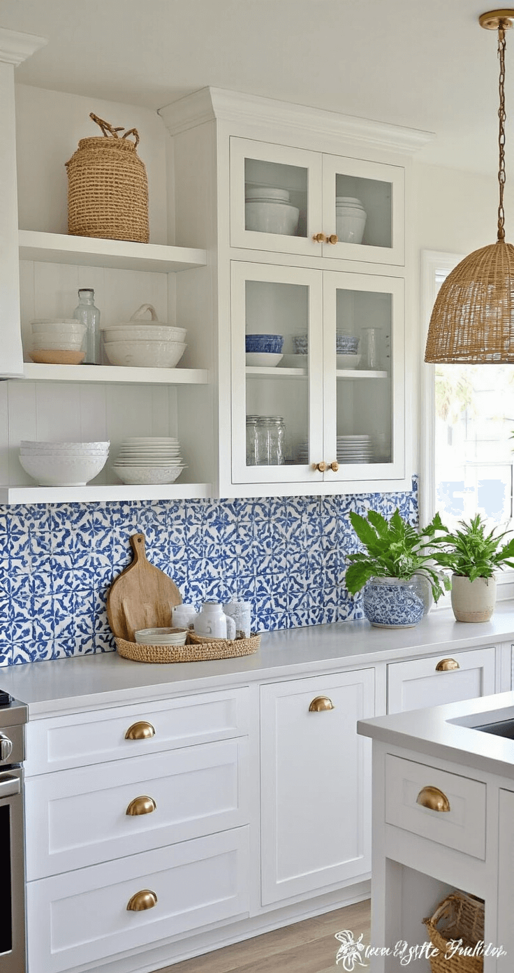 Bringing Florida's Sun-Soaked Style into Your Kitchen: A Coastal Design Guide Budget-friendly kitchen transformation in Florida featuring freshly painted white cabinets with brass hardware, coastal blue peel-and-stick backsplash, styled countertops with coastal accessories, open shelving with ceramic bowls and glass jars, rattan pendant light, and potted plants, creating a bright and optimistic atmosphere.