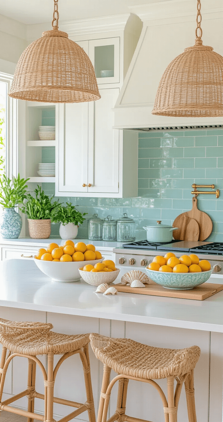 Bringing Florida's Sun-Soaked Style into Your Kitchen: A Coastal Design Guide A bright and inviting summer kitchen in Florida featuring citrus fruits in ceramic bowls, seashells on the counters, light wood cutting boards with tropical fruits, white cabinets with brass pulls, seafoam green backsplash, rattan bar stools, woven pendant lights, fresh herbs in terracotta pots, and ocean blue accent pieces, all styled for a vibrant summer vibe.