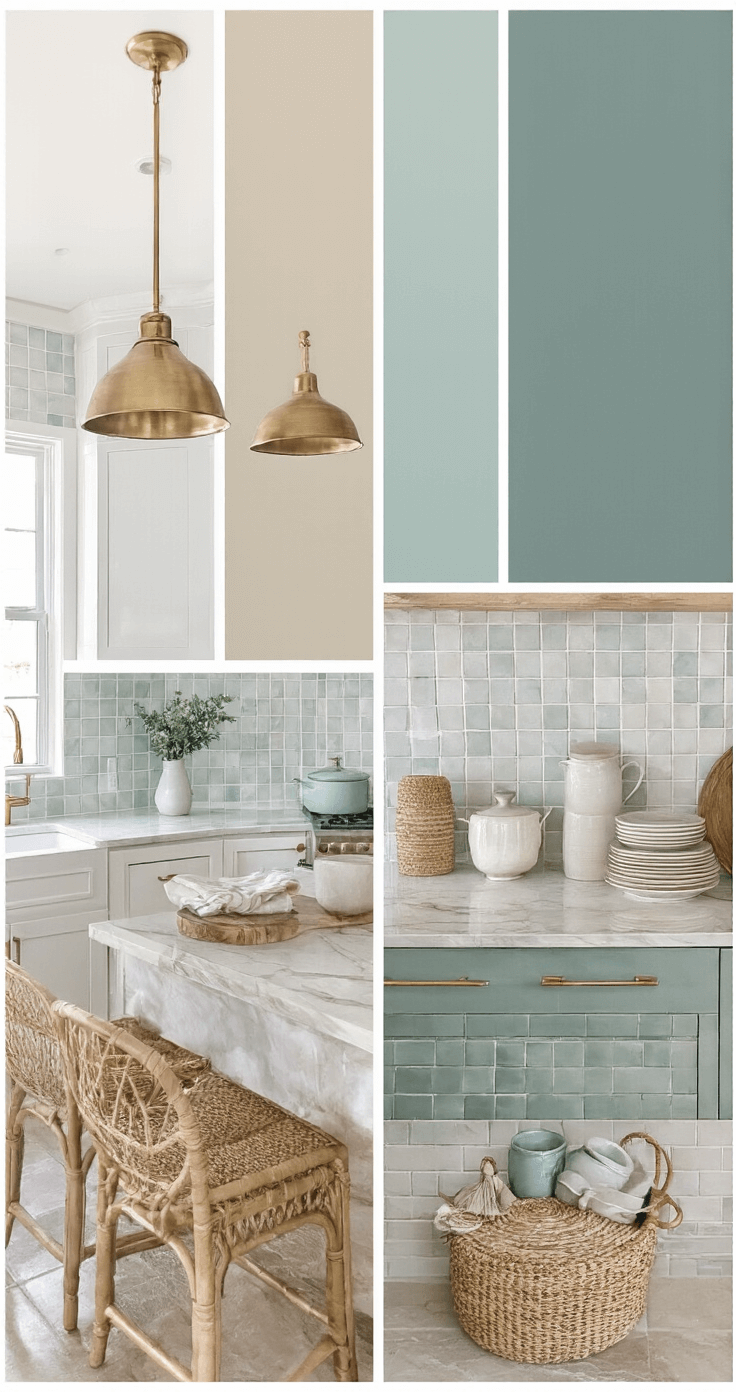 Bringing Florida's Sun-Soaked Style into Your Kitchen: A Coastal Design Guide A bright Florida kitchen featuring a gradient color palette from soft ocean blues to sandy neutrals and crisp whites, accented by subtle greens. The design includes marble-pattern quartz countertops, a ceramic tile backsplash in coastal hues, rattan furniture, brass lighting, white shaker cabinets, and natural wood elements, all arranged methodically for a serene, sophisticated atmosphere.