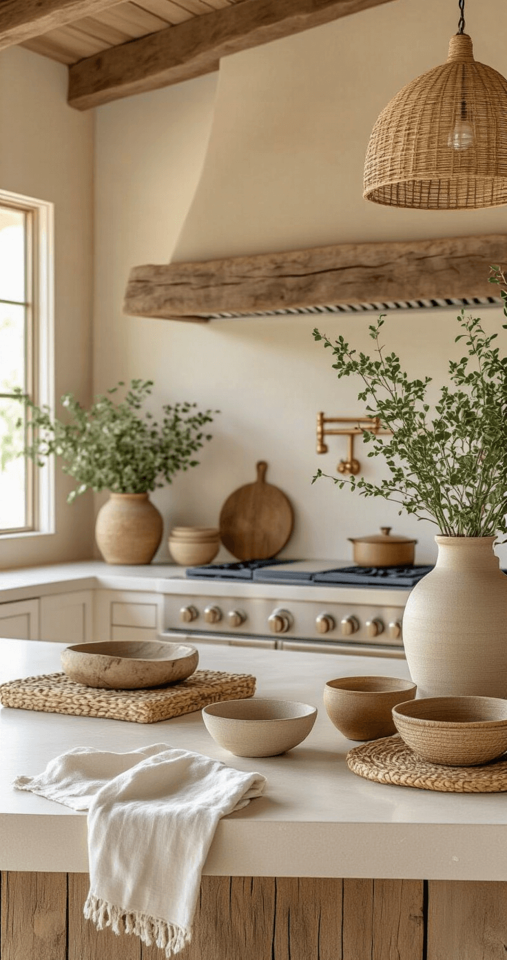 Bringing Florida's Sun-Soaked Style into Your Kitchen: A Coastal Design Guide A beautifully designed Florida kitchen featuring smooth quartz counters and rough-hewn wooden elements, illuminated by warm golden hour lighting. Linen towels drape casually, while rattan storage solutions and glazed ceramic bowls add color. Glass containers catch the light, complemented by gleaming brass hardware. Woven pendant lights create intricate patterns, and potted plants enhance the organic texture. Driftwood serving pieces complete the mixed material aesthetic, showcasing close-up details of the diverse textures in a warm, inviting atmosphere.