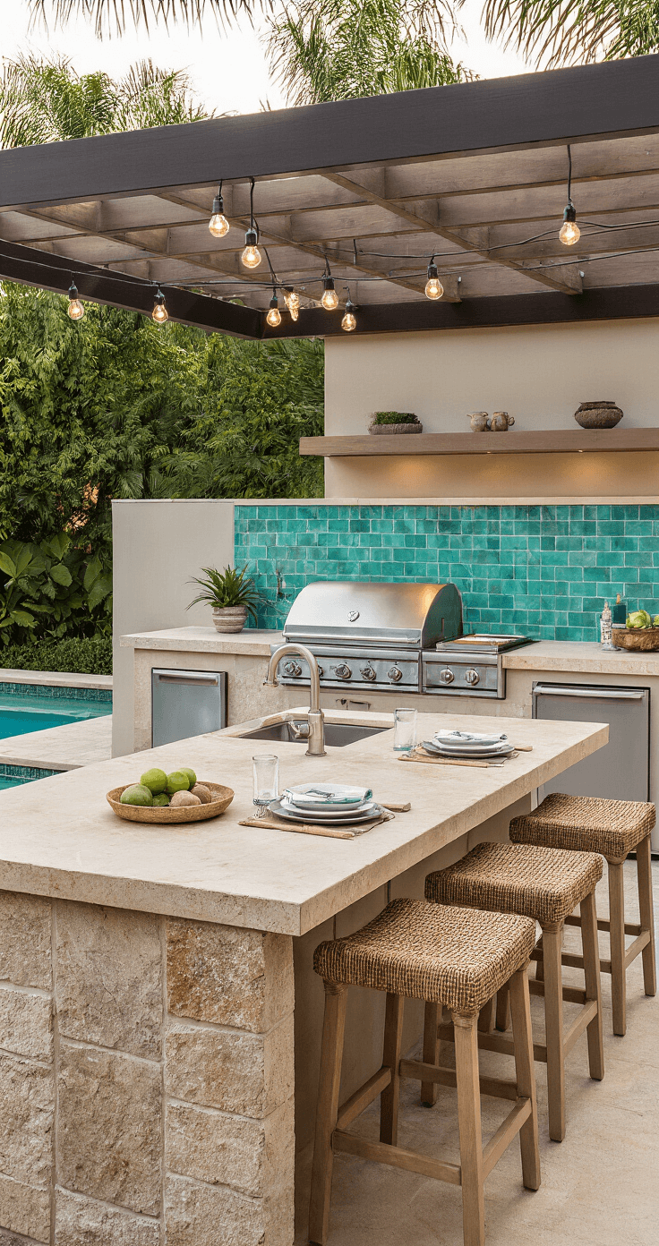 Elegant outdoor kitchen with natural stone countertops and stainless steel appliances adjacent to a pool, featuring bar seating with woven stools, a tropical turquoise backsplash, and an overhead pergola with string lights, surrounded by lush greenery, captured in warm late afternoon light.