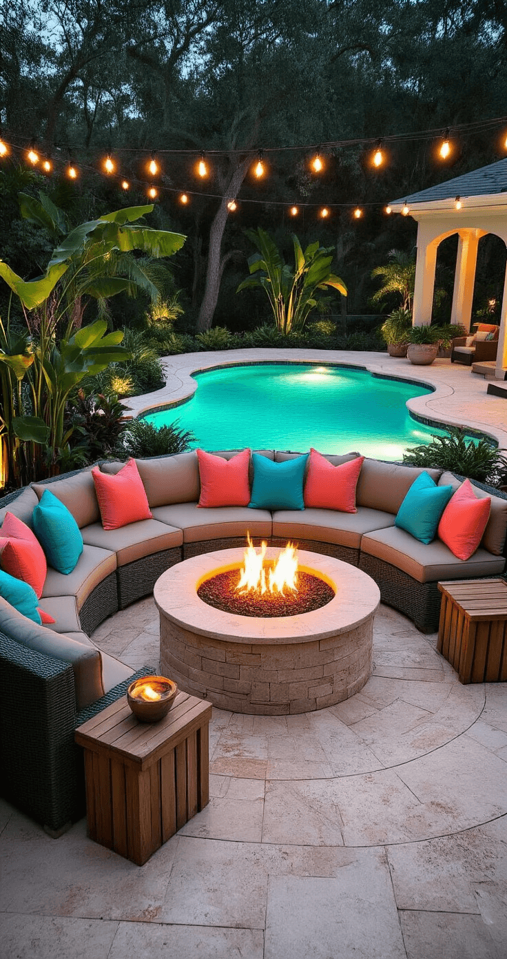 Cozy fire pit area on a travertine patio featuring curved taupe sectional seating with coral and turquoise throw pillows, natural wood side tables, and tropical plants. The glowing LED-lit pool in the background enhances the twilight atmosphere, complemented by fire pit flames and string lights, creating a warm, inviting gathering space.