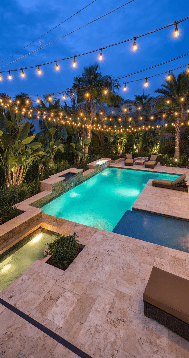 A dramatic twilight patio scene featuring a turquoise-lit pool, warm string lights overhead, and a travertine deck with multiple seating areas, fire features, and lush tropical landscaping in coral and sand colors. Highlights of the outdoor living space are shown from an elevated angle, showcasing deep blue hour lighting and accent illumination on architectural elements and water effects.