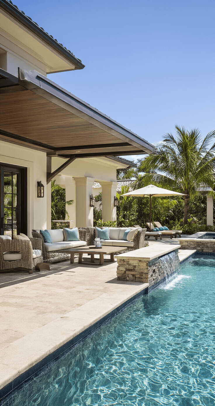 Resort-style pool deck with slip-resistant natural stone, varied seating, weather-resistant furniture in neutral tones with tropical accents, shade structures, and waterfall features, viewed from pool water level under bright Florida sunshine.