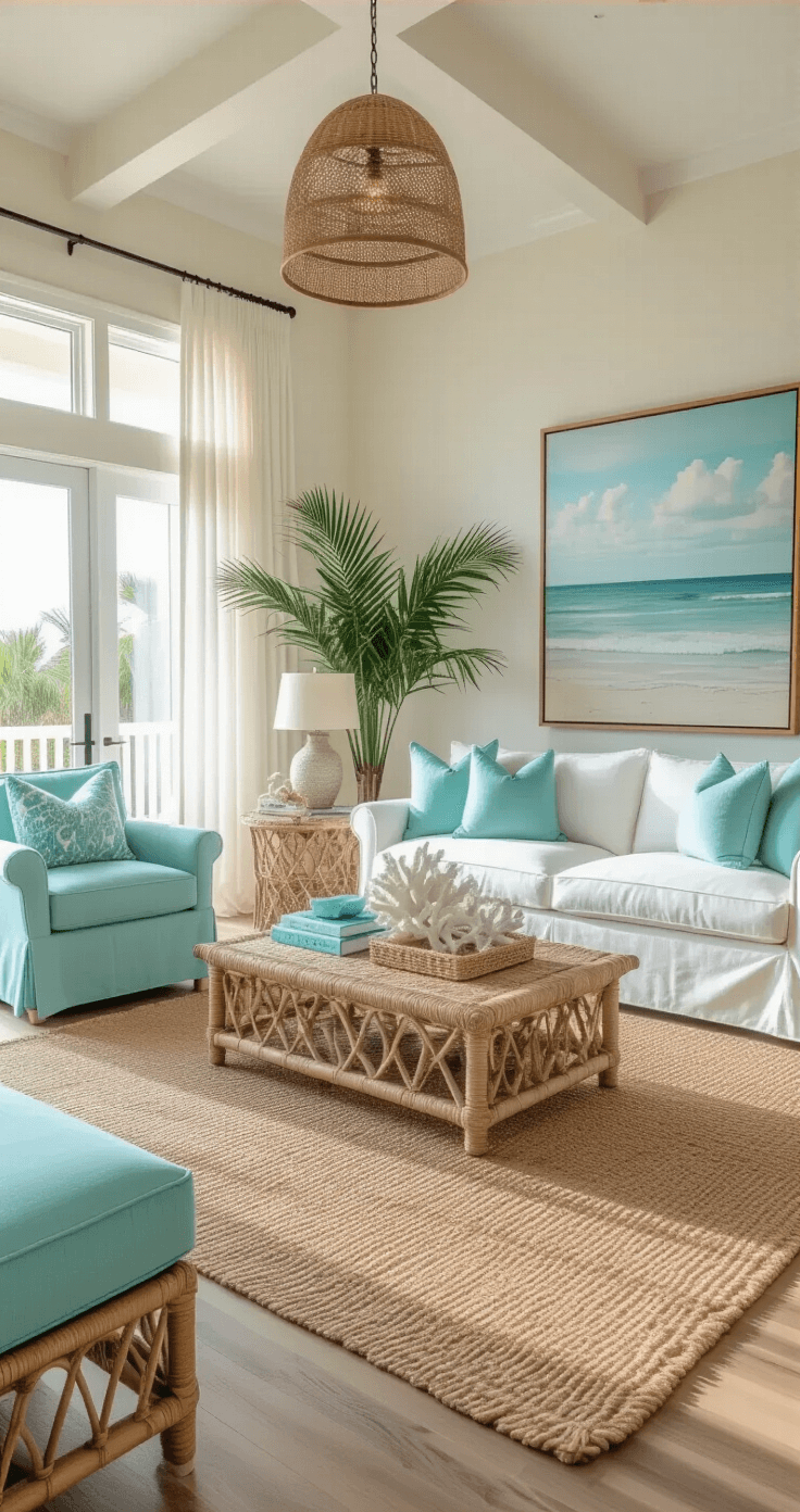 Photorealistic image of a spacious Florida living room featuring golden hour light streaming through white linen curtains, a slipcovered ivory sofa facing large coastal artwork, seafoam green accent chairs, a jute rug over natural hardwood floors, and a rattan coffee table with coral accessories, creating a relaxed coastal luxury atmosphere.