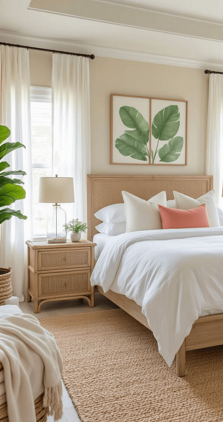 Airy master bedroom with tray ceiling, featuring a natural wood platform bed dressed in white linens, vintage rattan bedside tables, and sandy beige walls. Morning light filters through sheer white curtains, illuminating botanical artwork above the headboard, a textured jute rug, and a potted fiddle leaf fig in the corner, creating a serene coastal retreat atmosphere.
