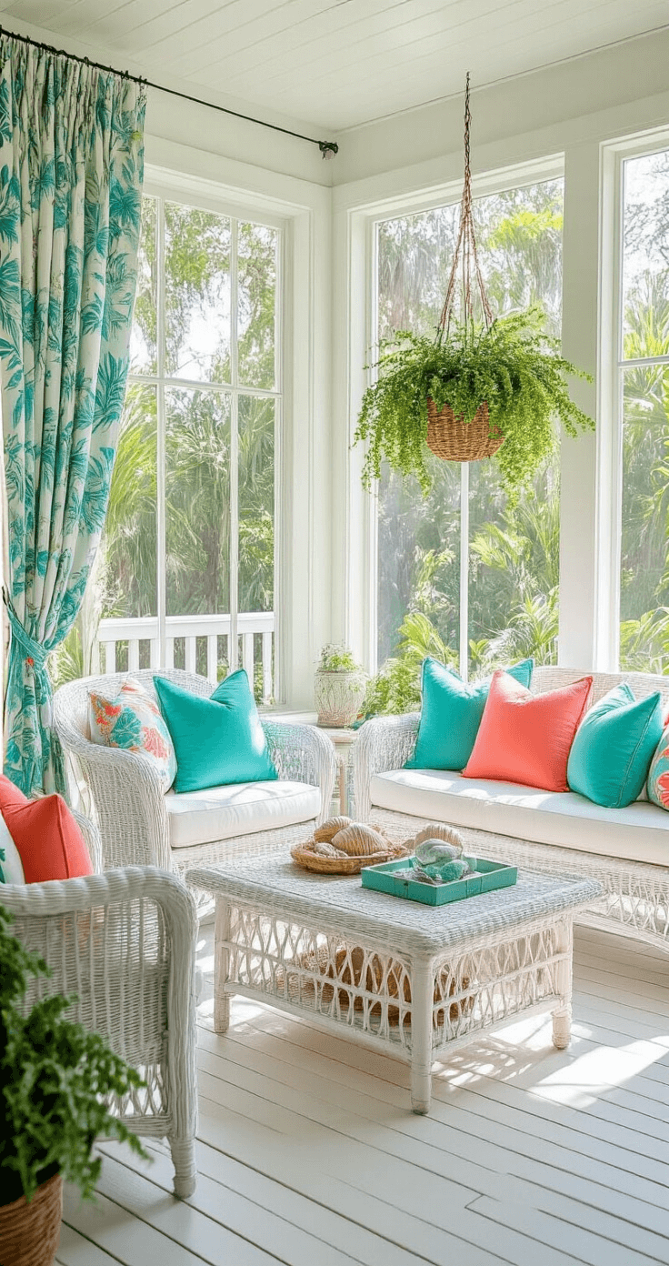 A bright Florida sunroom featuring floor-to-ceiling windows, white wicker furniture with turquoise and coral throw pillows, tropical print curtains, a weathered wood coffee table with seashells, hanging planters with greenery, and painted white wood floors, all creating a breezy indoor-outdoor living atmosphere.