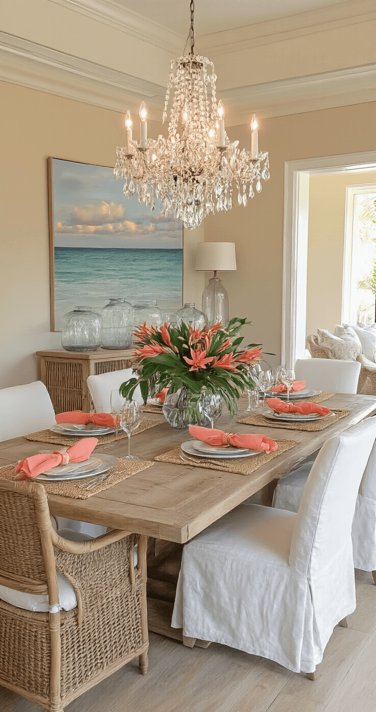 Elegant coastal Florida dining room featuring a weathered oak table and white slipcovered chairs, illuminated by warm evening light from a crystal chandelier and sunset glow; sandy neutral walls adorned with large nautical artwork, jute placemats layered with glass chargers, coral napkins, and a tropical centerpiece, all viewed from the kitchen doorway.