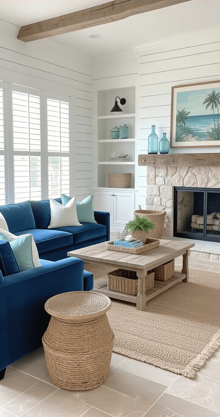 Luxurious coastal living room with deep ocean-blue velvet sofa, white shiplap walls, natural stone fireplace, and sunrise light through plantation shutters, accented by weathered teak side tables, wicker baskets, and seafoam green throw pillows, featuring glass decor and tropical art in custom built-ins, all on polished marble floors with wood accents.