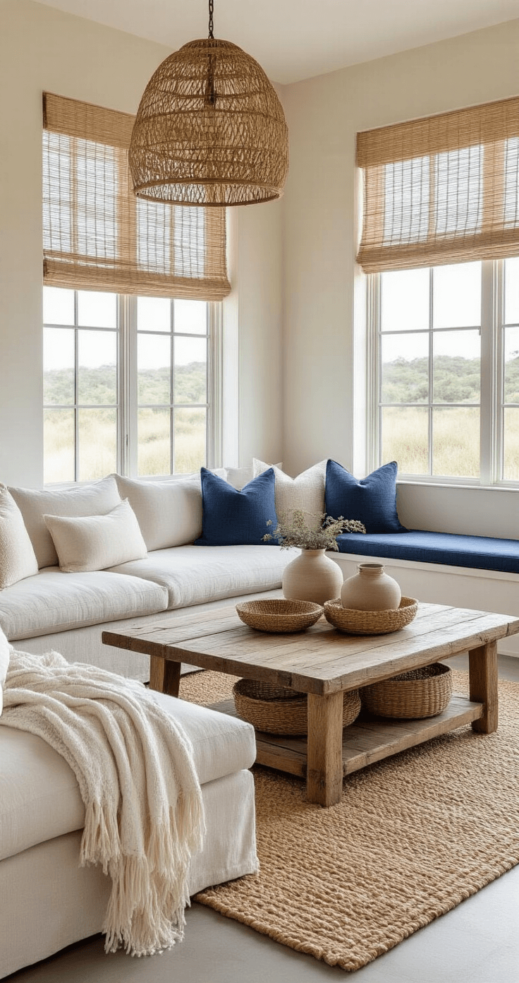 A cozy coastal living room featuring a linen sectional, reclaimed wood coffee table, and layered natural jute and sisal rugs. Morning light streams through bamboo blinds onto cream walls. Rattan pendant lights and woven baskets decorate the space, complemented by cotton throws in ocean tones. A built-in window seat with navy cushions showcases a ceramic pottery collection against a whitewashed brick accent wall and polished concrete floors, highlighting the interplay of textures in soft diffused lighting.