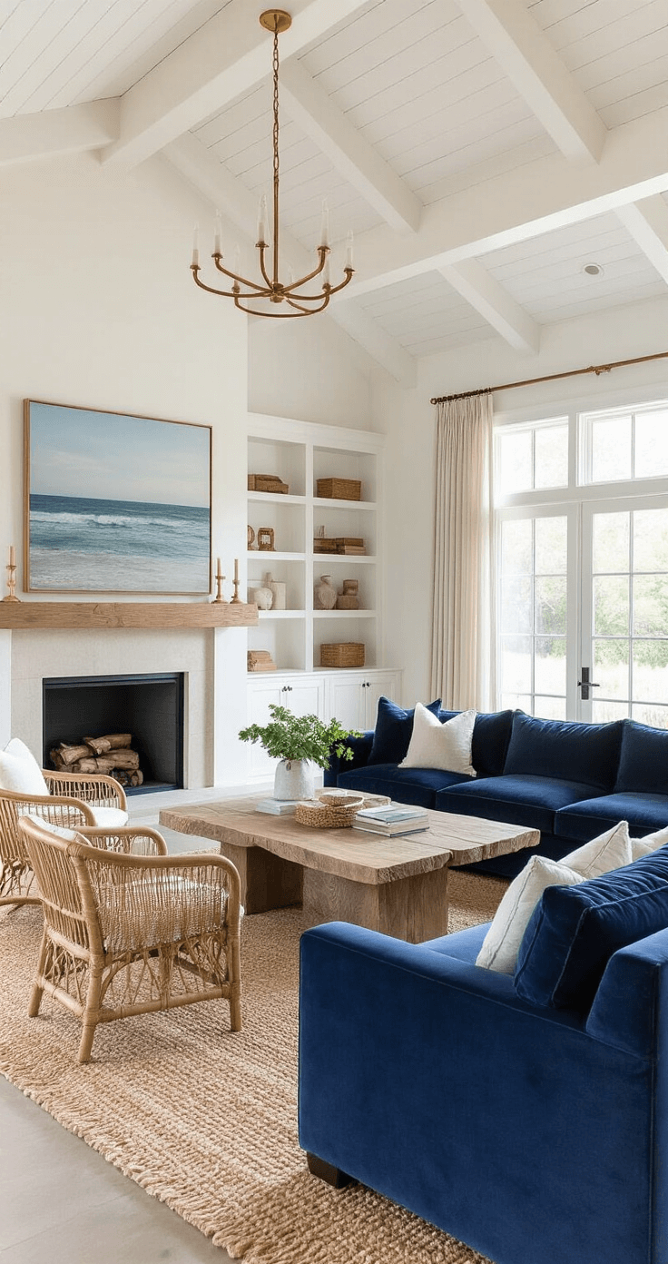 A spacious great room with vaulted ceilings features an oversized navy velvet sectional, custom white oak built-ins, and a live-edge coffee table, all bathed in warm golden hour light. The room is decorated with layered jute and wool rugs, rattan accent chairs, and linen curtain panels, alongside a coral stone fireplace and brass fixtures. Polished concrete floors and exposed white beams enhance the luxurious coastal resort atmosphere, accentuated by oversized coastal photography.